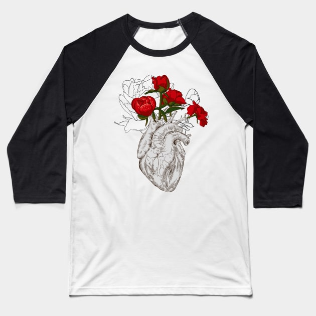 Human anatomical heart with flowers Baseball T-Shirt by Olga Berlet